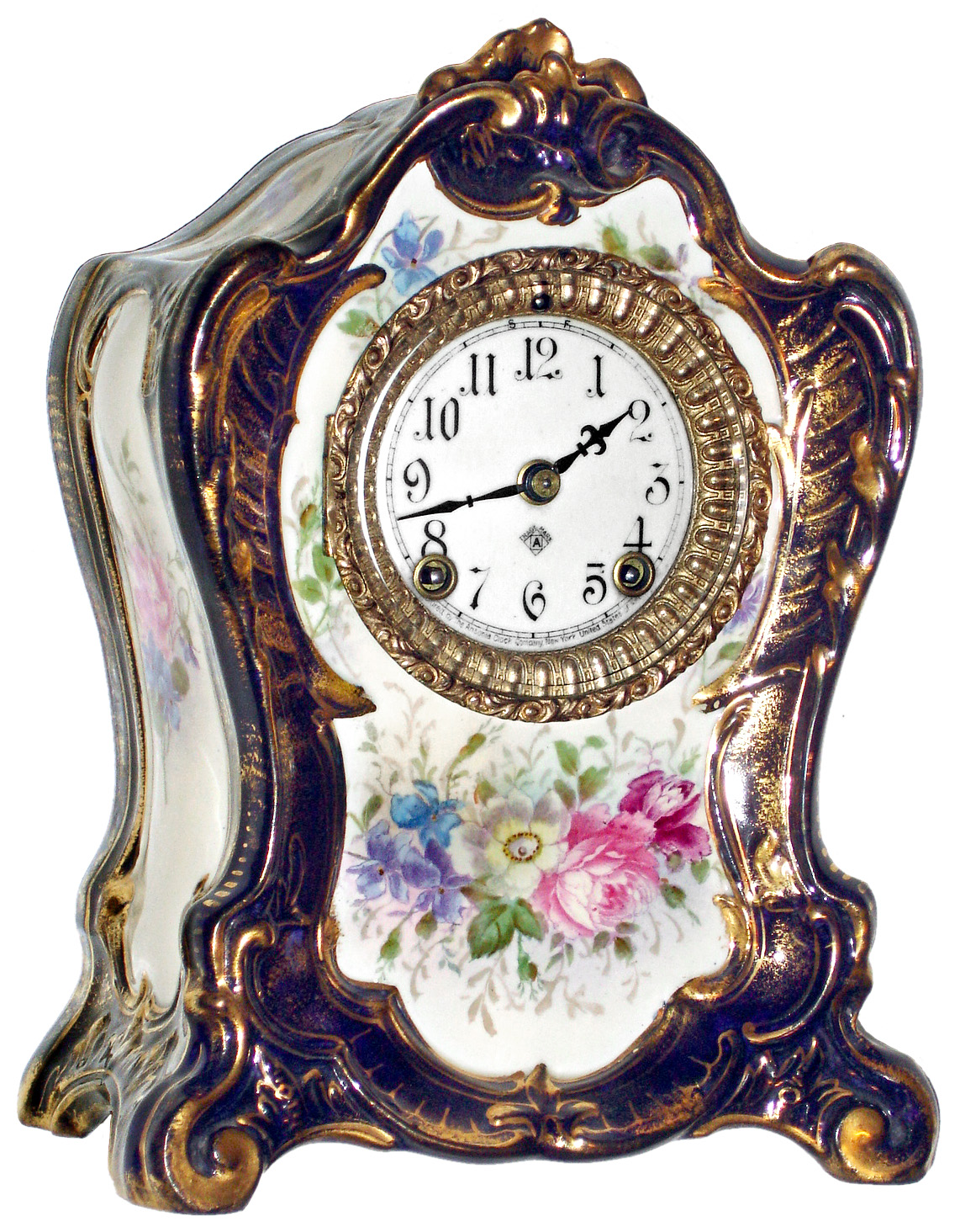 Ansonia Clock Co., New York, NY, "La Jau" Royal Bonn, 8 day, time and strike, porcelain mantel clock, c1900 — Antique Clocks Price Guide