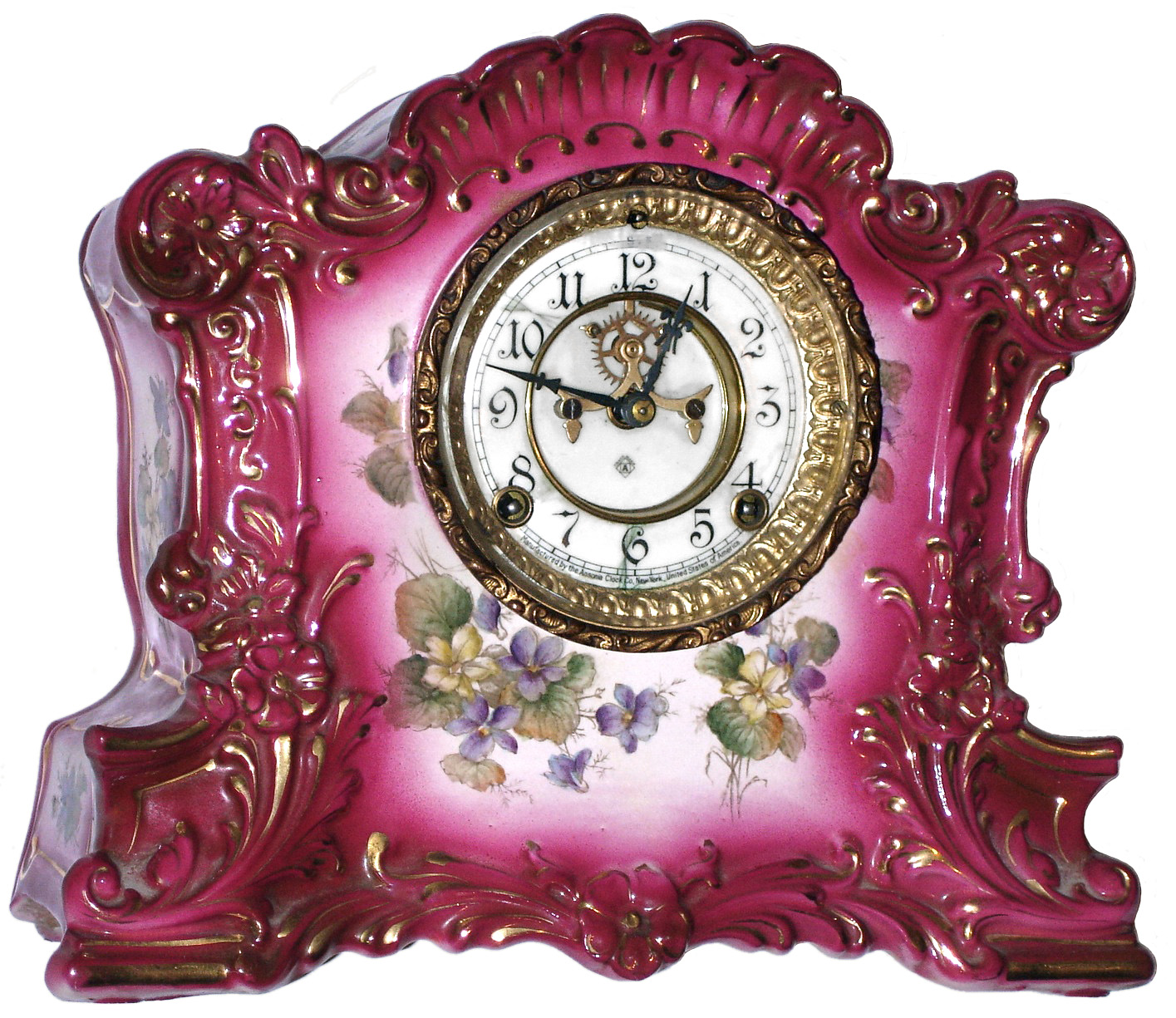 Ansonia Clock Co., New York, NY, "Romance", 8 day, time and strike, porcelain mantel clock with visible escapement, c1901 — Antique Clocks Price Guide