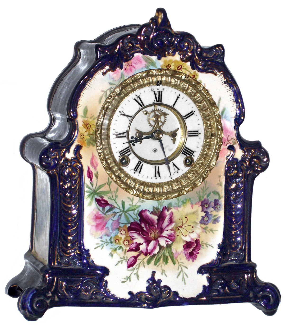 Ansonia Clock Co., New York, NY, "La Moselle" Royal Bonn, 8 day, time and strike, porcelain mantel clock with visible escapement, c1901 — Antique Clocks Price Guide