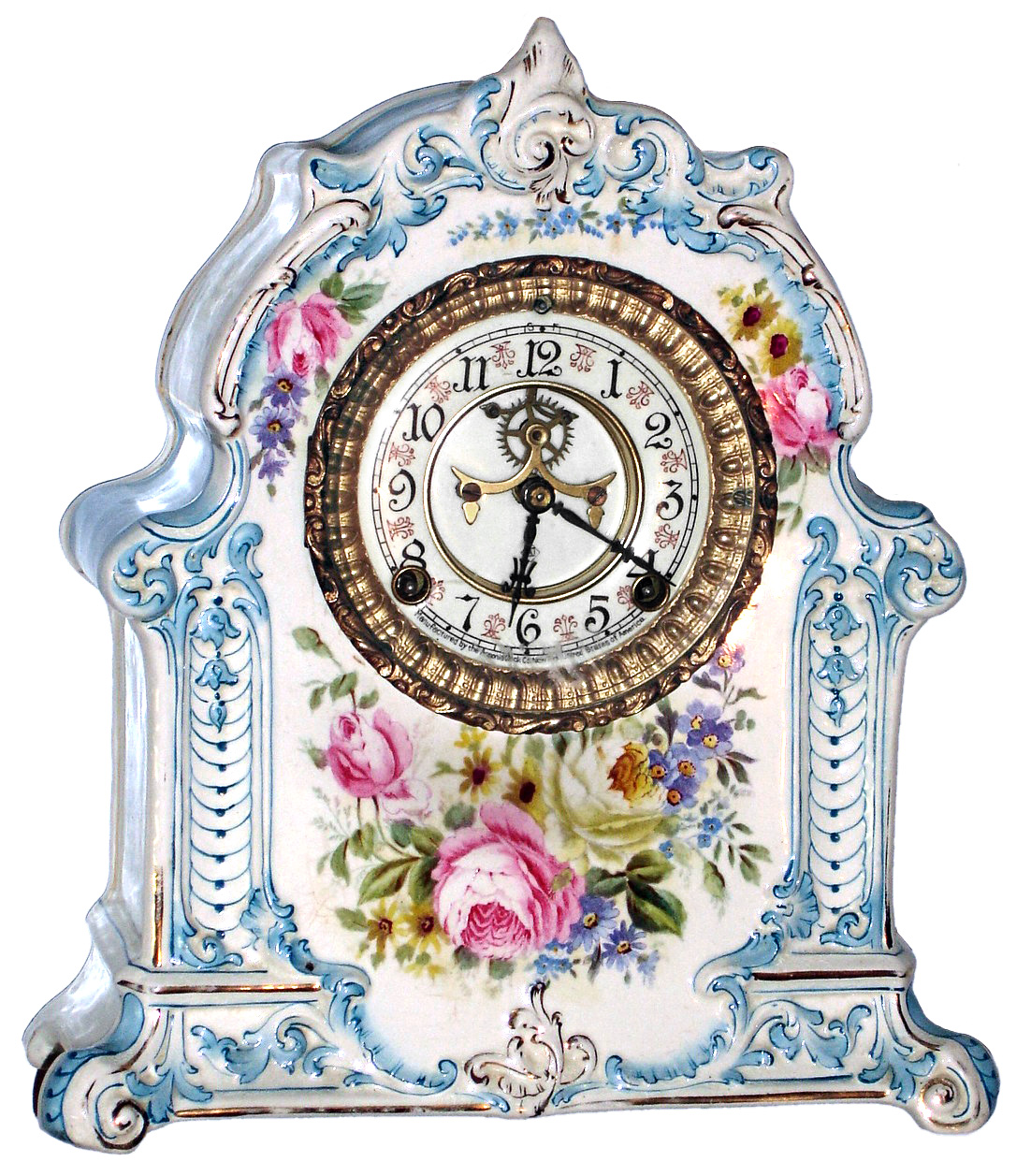 Ansonia Clock Co., New York, NY, "La Mosella" Royal Bonn time and strike 8 day porcelain mantel clock with visible escapement, c1901 — Antique Clocks Price Guide
