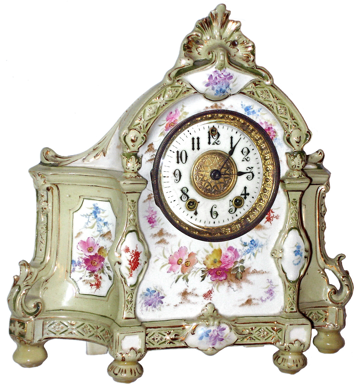 Gilbert Clock Co., Winsted, Conn., "No. 1361-2" Royal Bonn, 8 day, time and strike, porcelain mantel clock, c1898 — Antique Clocks Price Guide