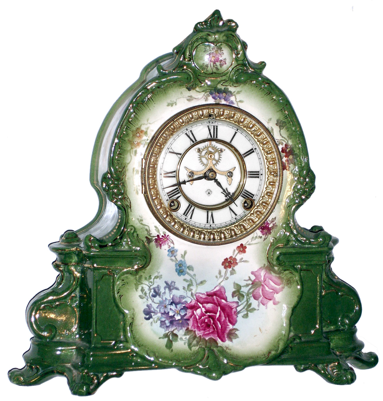 Ansonia Clock Co., New York, NY, "La Manche" Royal Bonn, 8 day, time and strike, porcelain mantel clock with visible escapement, c1904 — Antique Clocks Price Guide