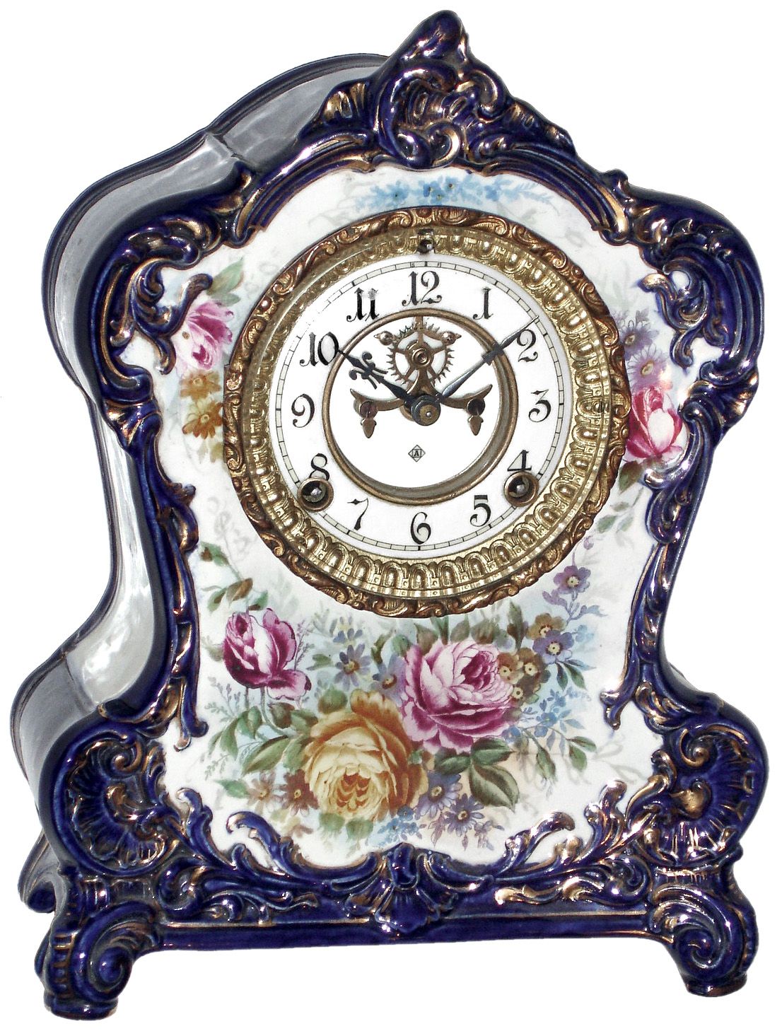 Ansonia Clock Co., New York, NY, "La Claire" Royal Bonn, 8 day, time and strike, porcelain mantel clock with visible escapement, c1904 — Antique Clocks Price Guide