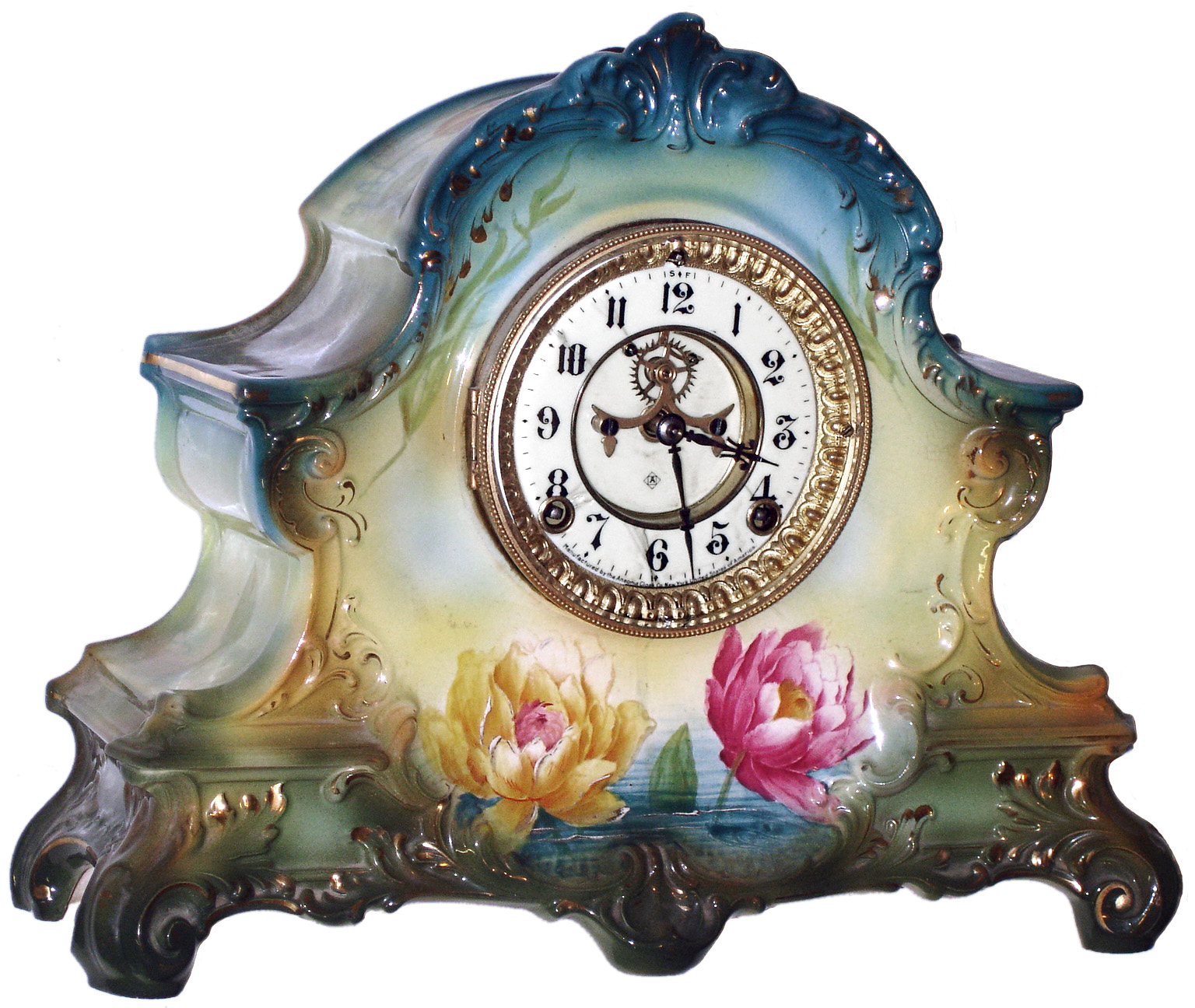 Ansonia Clock Co., New York, NY, "La Nord" Royal Bonn, 8 day, time and strike, porcelain mantel clock with visible escapement, c1904 — Antique Clocks Price Guide