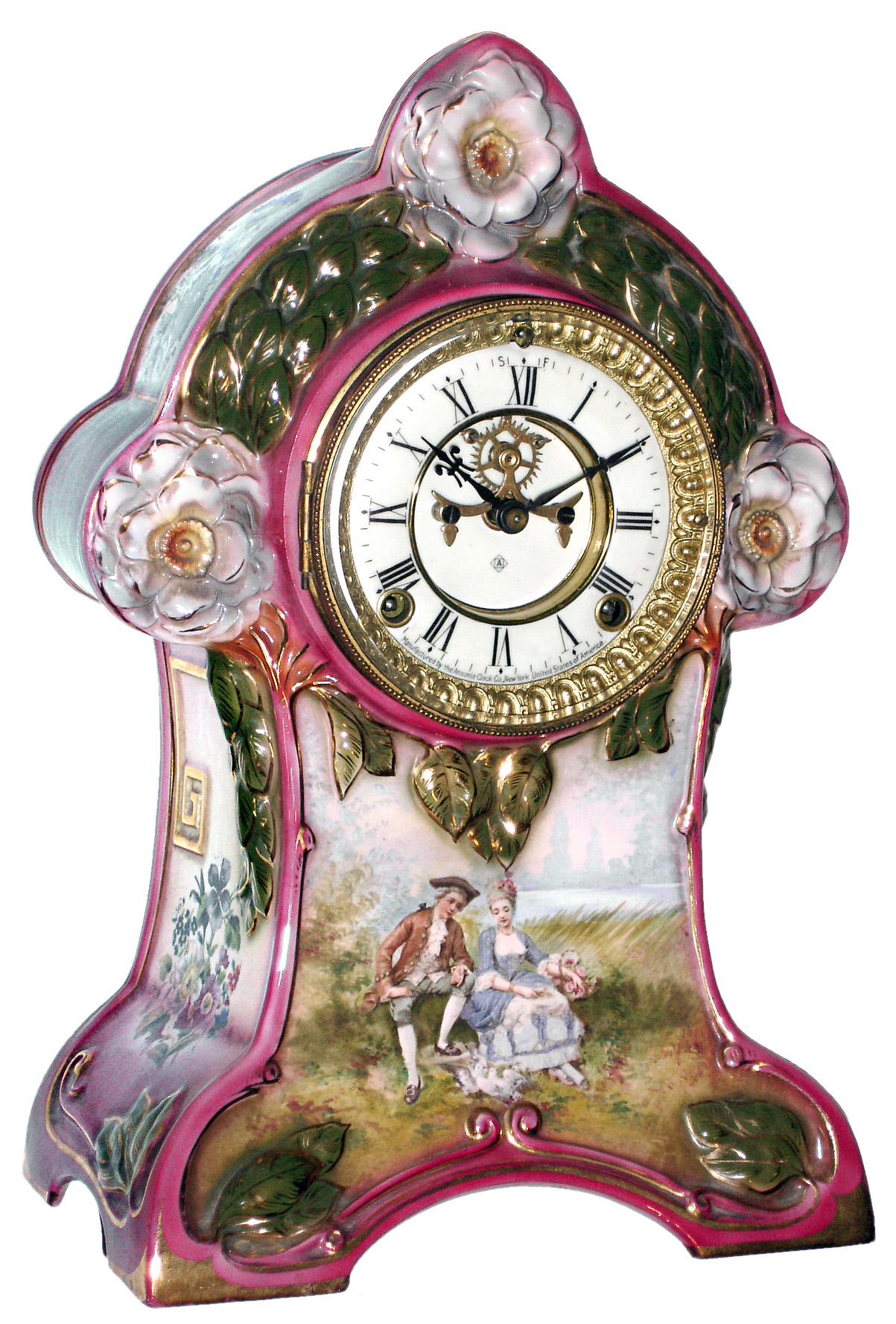 Ansonia Clock Co., New York, NY, "La Moselle" Royal Bonn, 8 day, time and strike, porcelain mantel clock with visible escapement, c1914 — Antique Clocks Price Guide