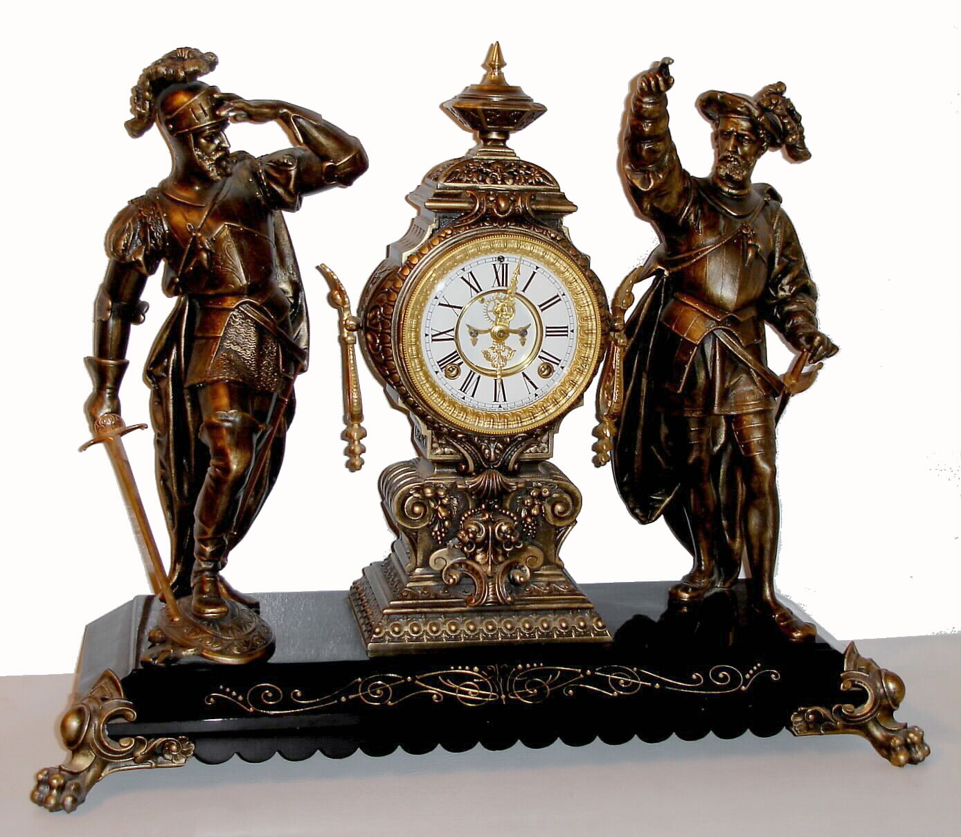 Ansonia Clock Co., New York, NY, "PIZARRO and CORTEZ", double statue figural clock, c1894 — Antique Clocks Price Guide