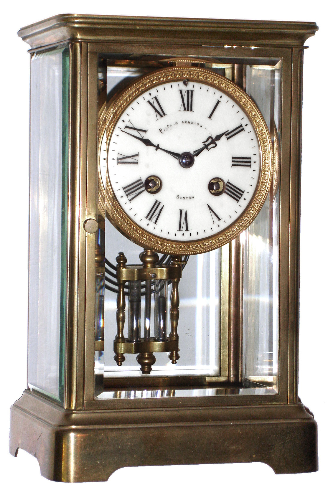 French, 8 day, time and strike, brass and glass crystal regulator retailed by Bigelow Kennard, Boston, c1900 — Antique Clocks Price Guide