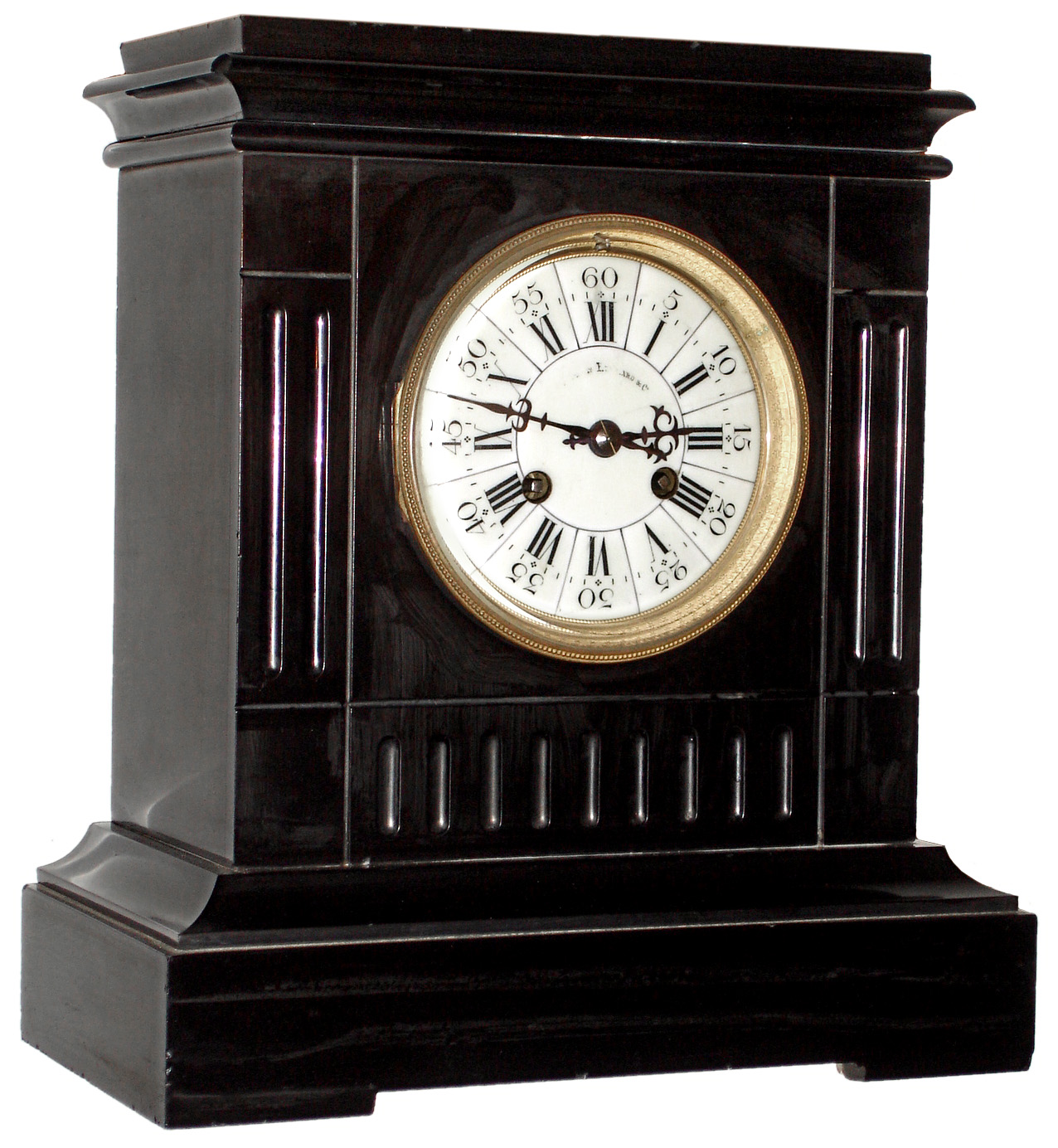 French, 8 day, time and strike, black slate mantel clock, retailed by Bigelow Kennard, Boston, c1900 — Antique Clocks Price Guide