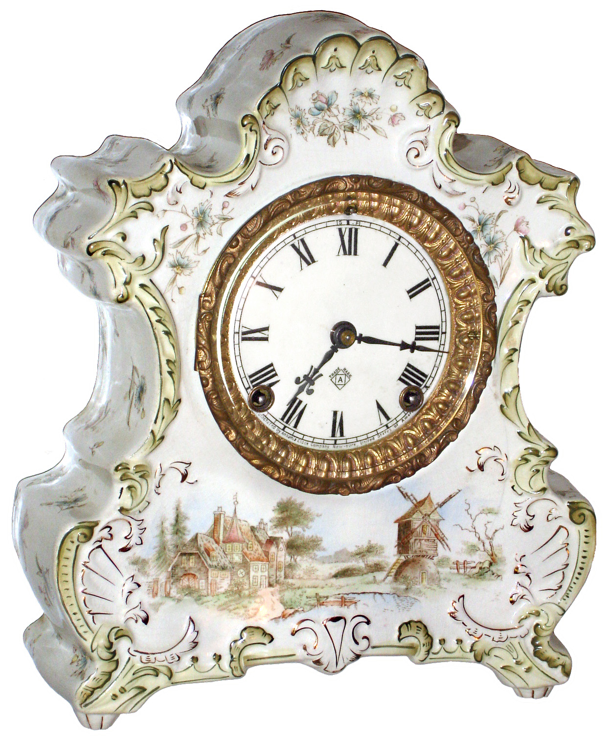 Ansonia Clock Co., New York, NY, "Saranac" Dutch motif, 8 day, time and strike, porcelain mantel clock, c1900 — Antique Clocks Price Guide