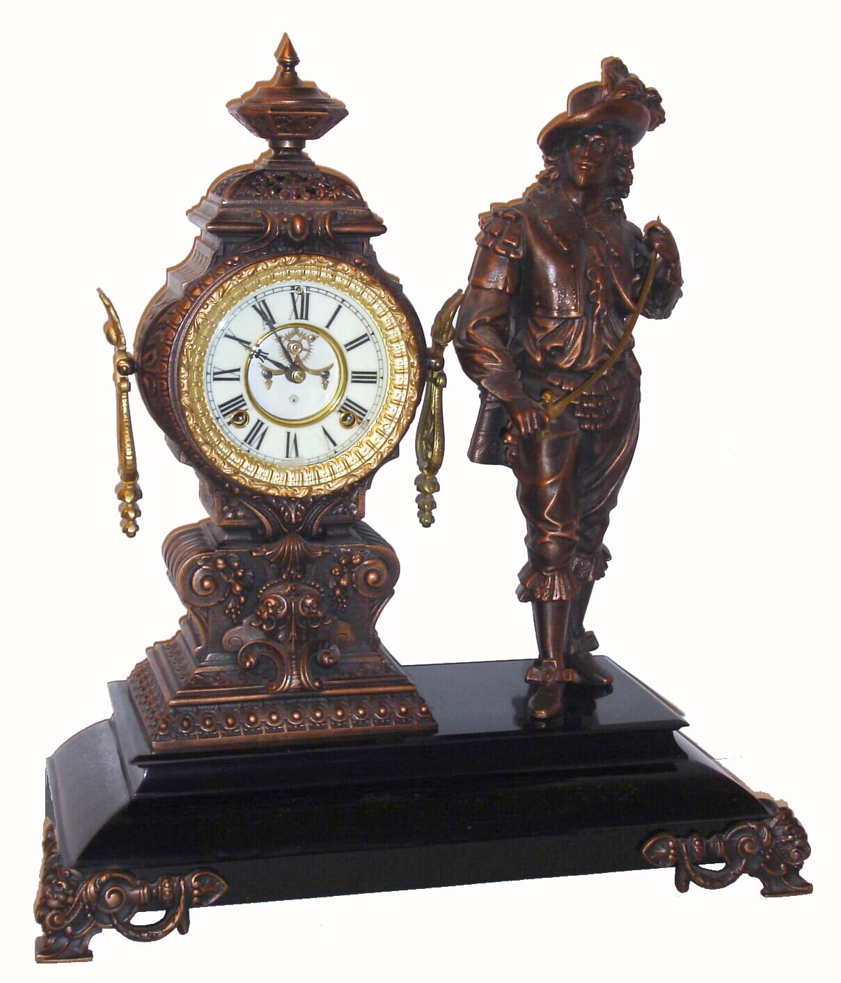 Ansonia Clock Co., New York, NY, "DON JUAN" figural clock, a cast metal figure of the infamous libertine, the clock mounted in the tower beside, and both mounted to a heavy black enameled cast iron base, c1894 — Antique Clocks Price Guide