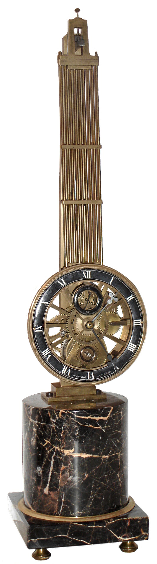 Reproduction of "Huguenin A Paris" French upside down swinger with marble base, 21st century — Antique Clocks Price Guide