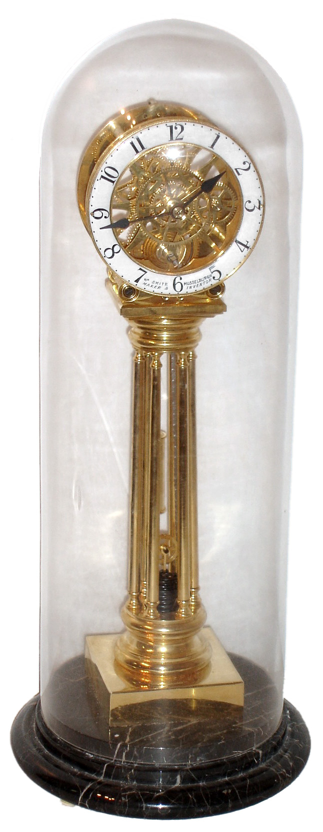 Reproduction of "Wm Smith Musselburgh, Maker and Inventor" fusee skeleton clock on marble and brass columns base, 21st century — Antique Clocks Price Guide