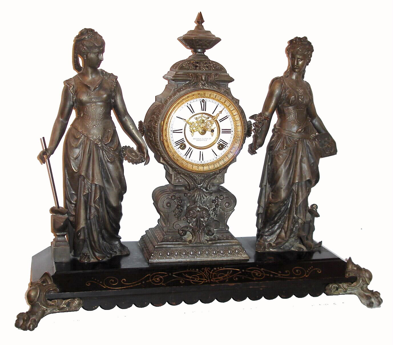 Ansonia Clock Co., New York, NY, "ART and COMMERCE"  double figure statues on enameled iron base, c1894 — Antique Clocks Price Guide