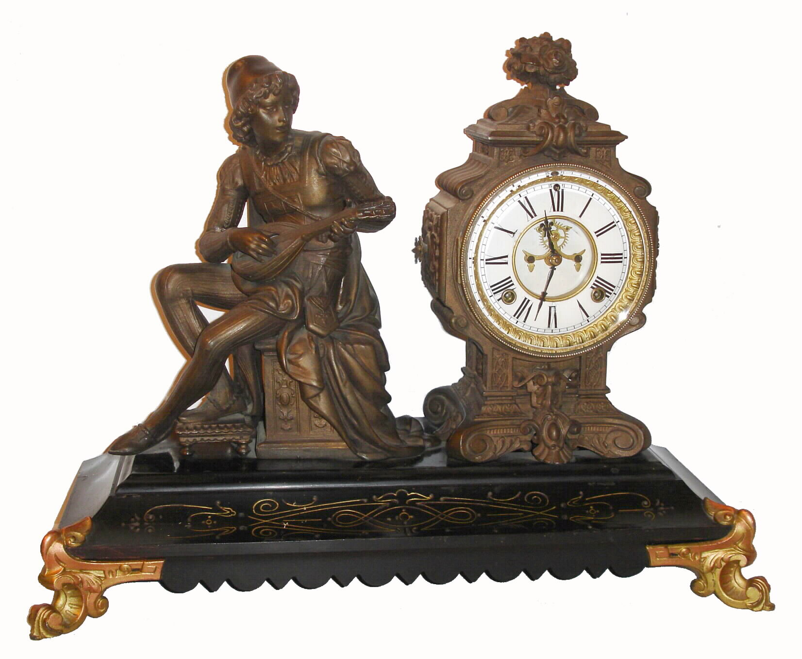 Ansonia Clock Co., New York, NY, "TROUBADOUR", cast metal figural clock, 8 day, time and strike, c1894 — Antique Clocks Price Guide