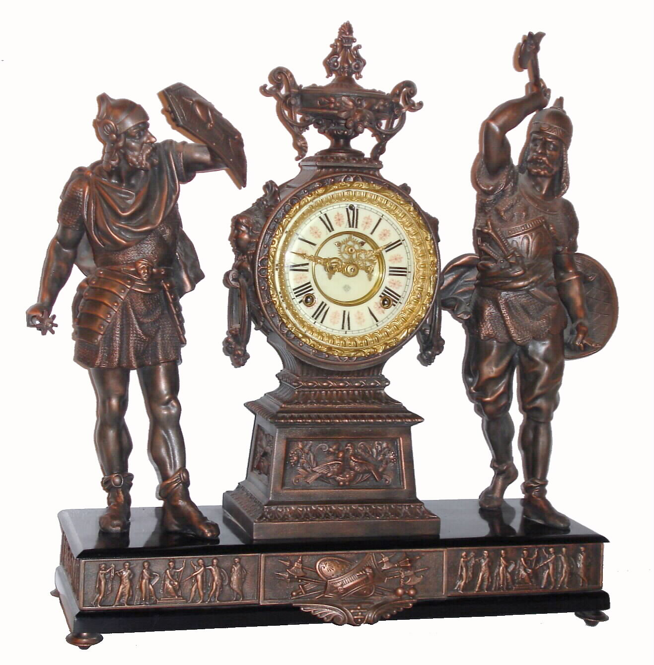 Ansonia Clock Co., New York, NY, "COMBATANTS", double statue figural clock, 8 day, time and strike with fancy multi-color dial and open escapement, c1894 — Antique Clocks Price Guide