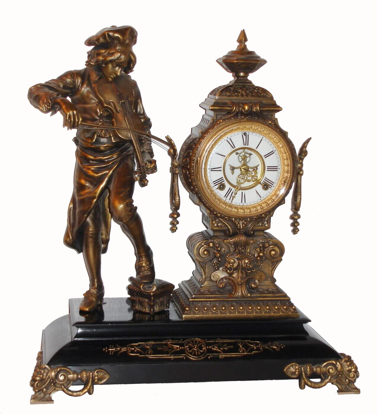 Ansonia Clock Co., New York, NY, "MELODY" cast figure mantel clock mounted to a black enameled iron base, c1894 — Antique Clocks Price Guide
