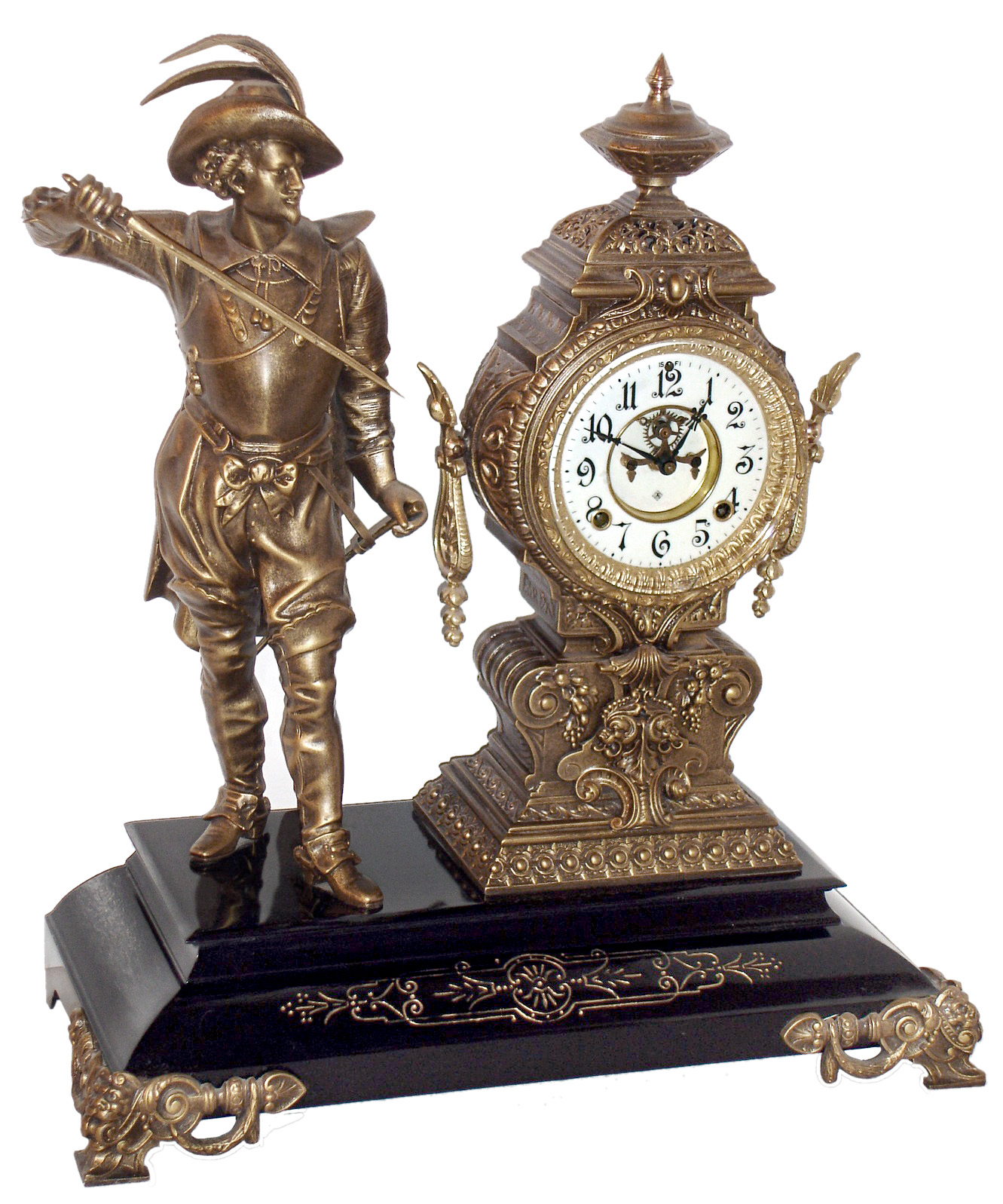 Ansonia Clock Co., New York, NY, "Don Caesar", 8 day, time and strike, cast metal figural mantel clock with visible escapement, c1894 — Antique Clocks Price Guide