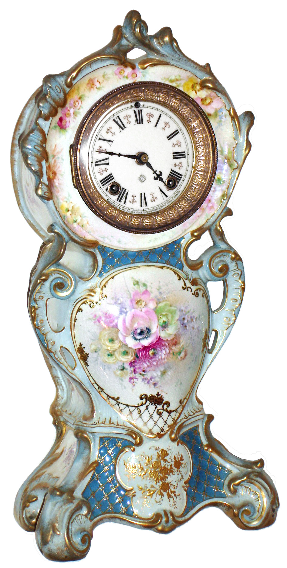 Ansonia Clock Co., New York, NY, "No. 506" Royal Bonn, 8 day, time and strike, porcelain mantel clock, c1904 — Antique Clocks Price Guide