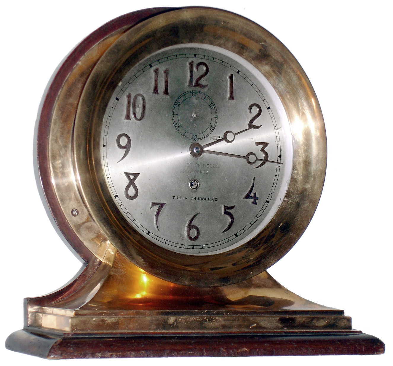 Chelsea Clock Co., Boston, Mass., private label for Tilden-Thurber Co., "Commander" time only 8 day brass and mahogany mantel clock, 8.5" dial, 1905 — Antique Clocks Price Guide