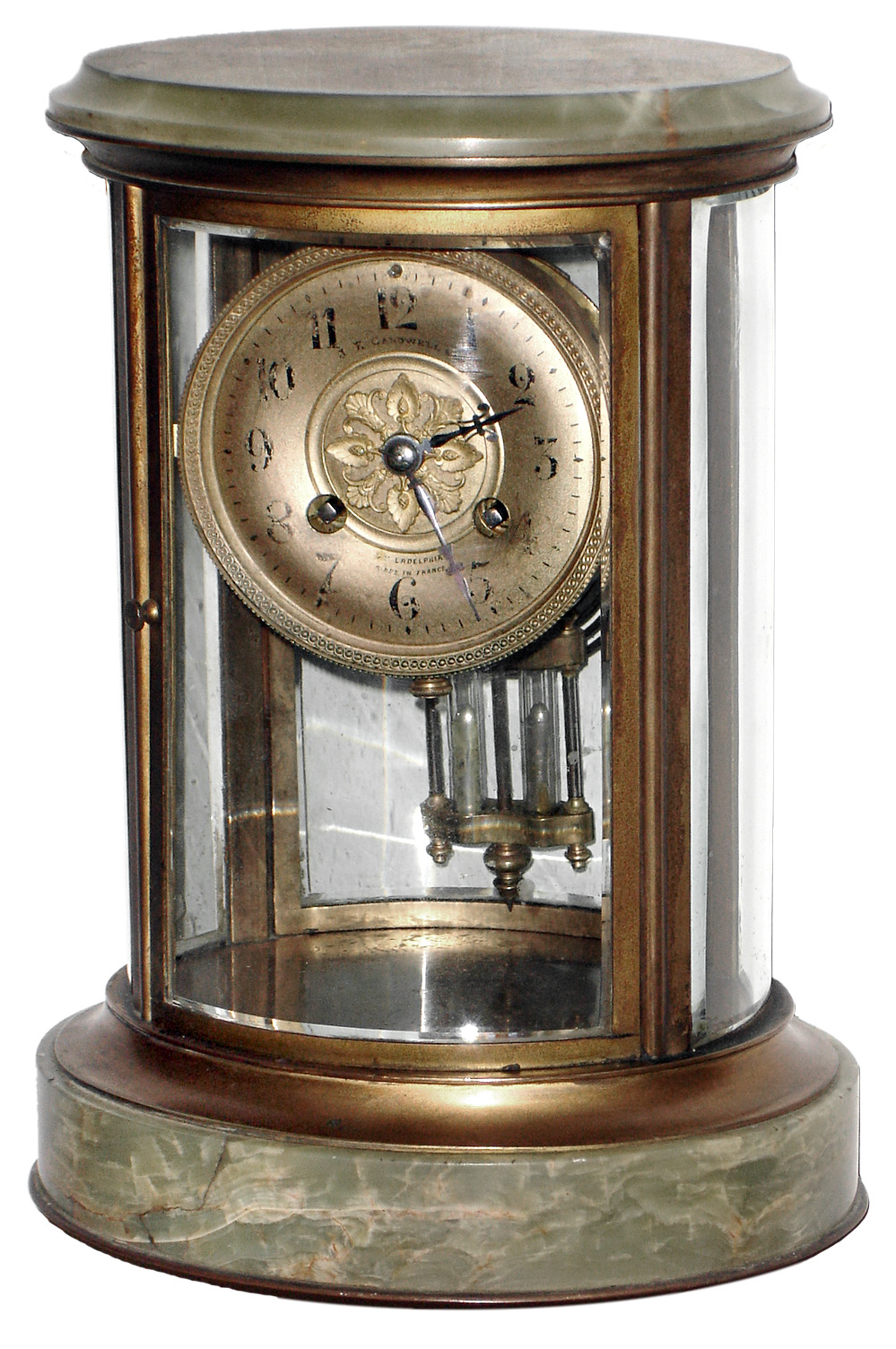 French, for J. E. Caldwell Philadelphia, 8 day, time and strike, oval green onyx crystal regulator, c1890 — Antique Clocks Price Guide