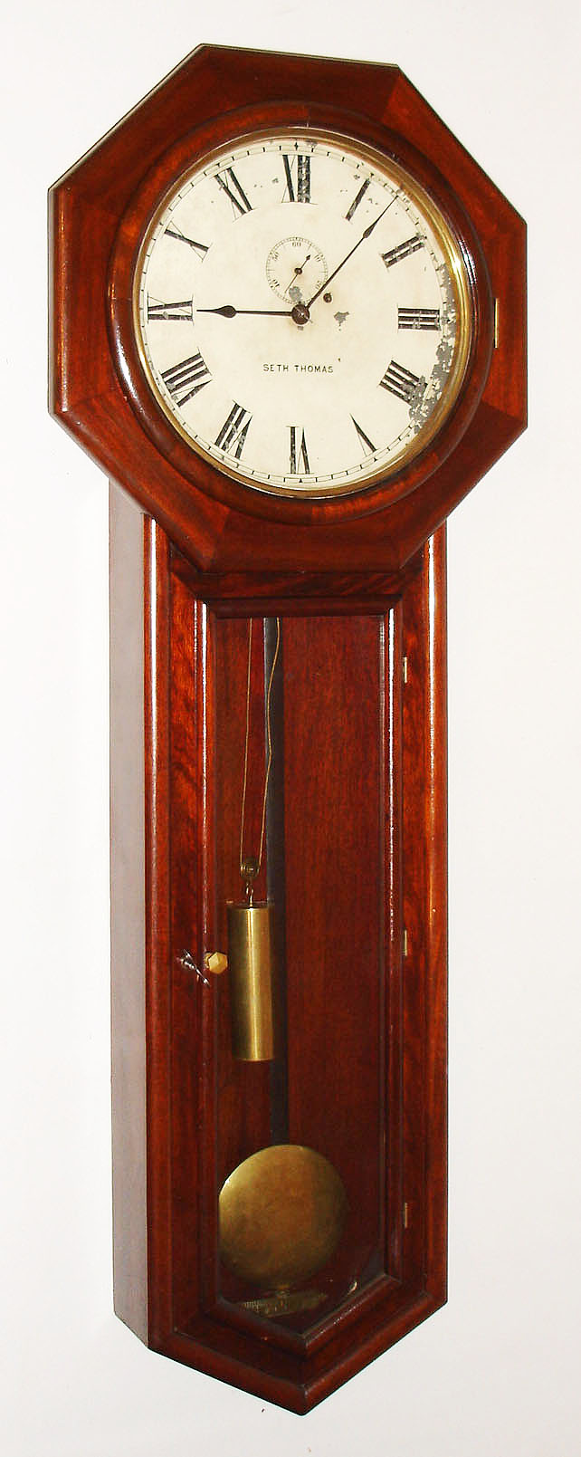 Seth Thomas Clock Co., Thomaston, Conn., "Regulator No. 18", 8 day, time only, weight driven movement in a mahogany case with painted metal dial, c1880 — Antique Clocks Price Guide