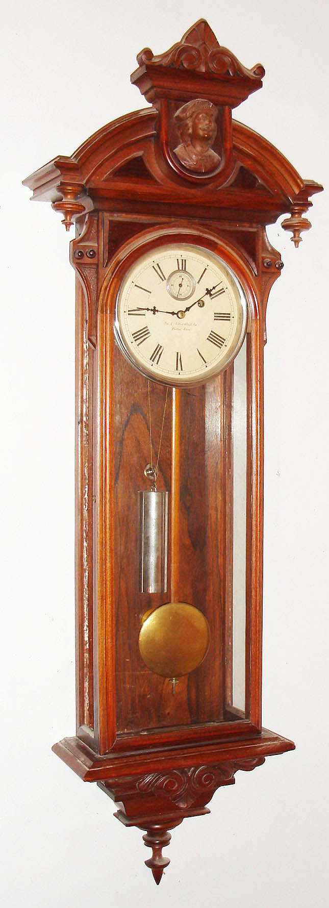 Wm. L. Gilbert Clock Co., Winsted, Conn., "Regulator No. 4", 8 day, time only, weight driven movement in a walnut case with rosewood backboard and a paper dial, c1881 — Antique Clocks Price Guide