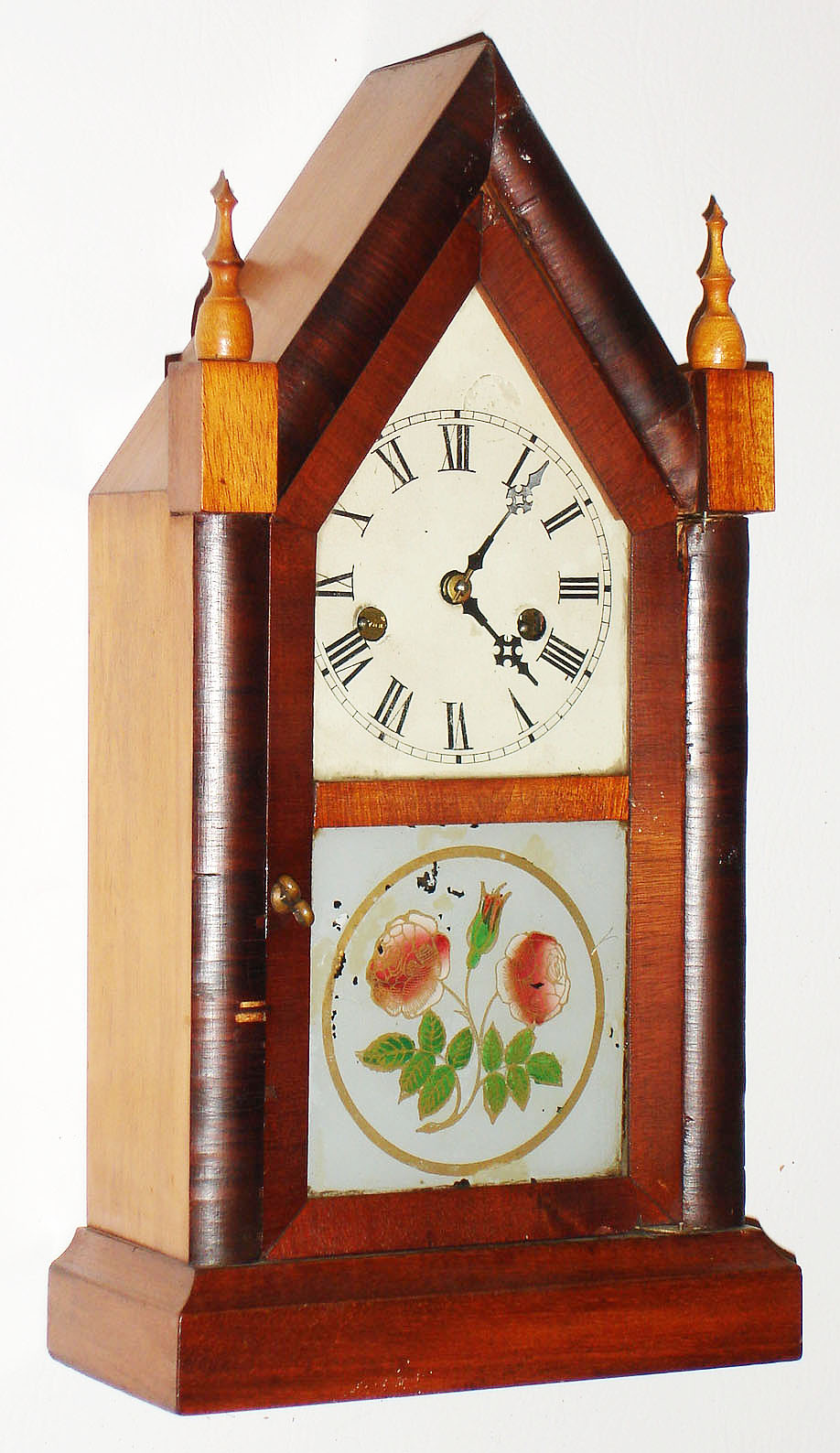 E.N. Welch Mfg. Co., Forestville, Conn., miniature 30 hour time and strike mahogany steeple clock, c1880 — Antique Clocks Price Guide