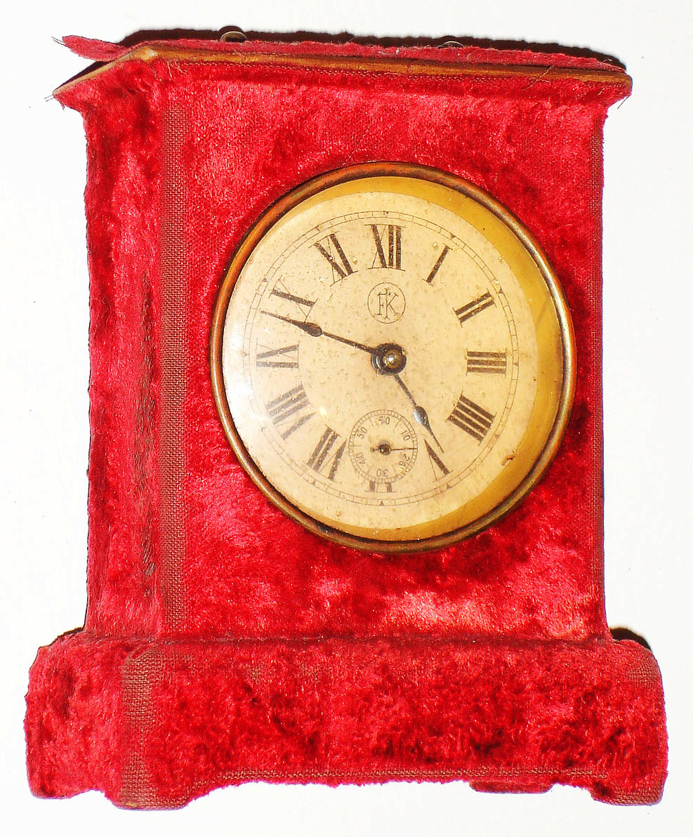F. Kroeber Clock Co., New York, NY, "Plush No. 2" 30 hour alarm clock, c1884 — Antique Clocks Price Guide