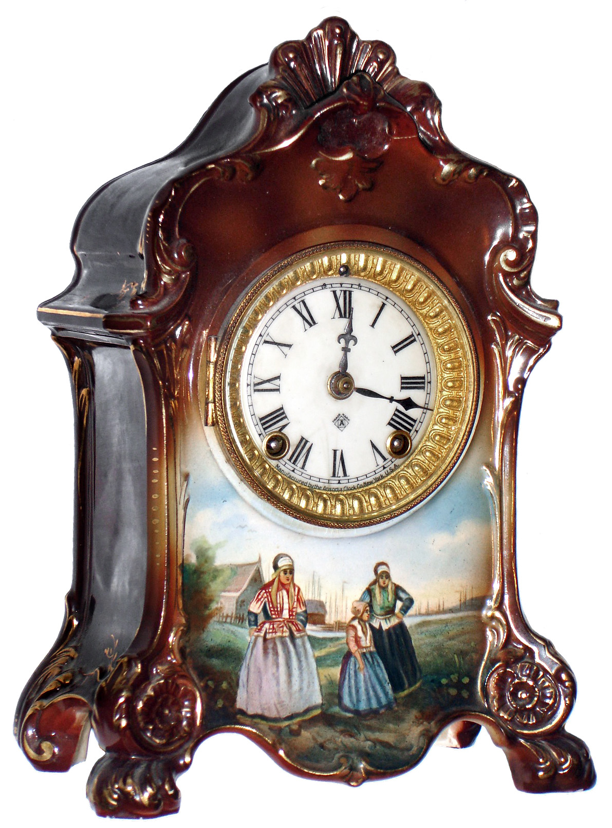 Ansonia Clock Co., New York, NY, "La Farge" Royal Bonn, 8 day, time and strike, porcelain mantel clock, 1904 — Antique Clocks Price Guide