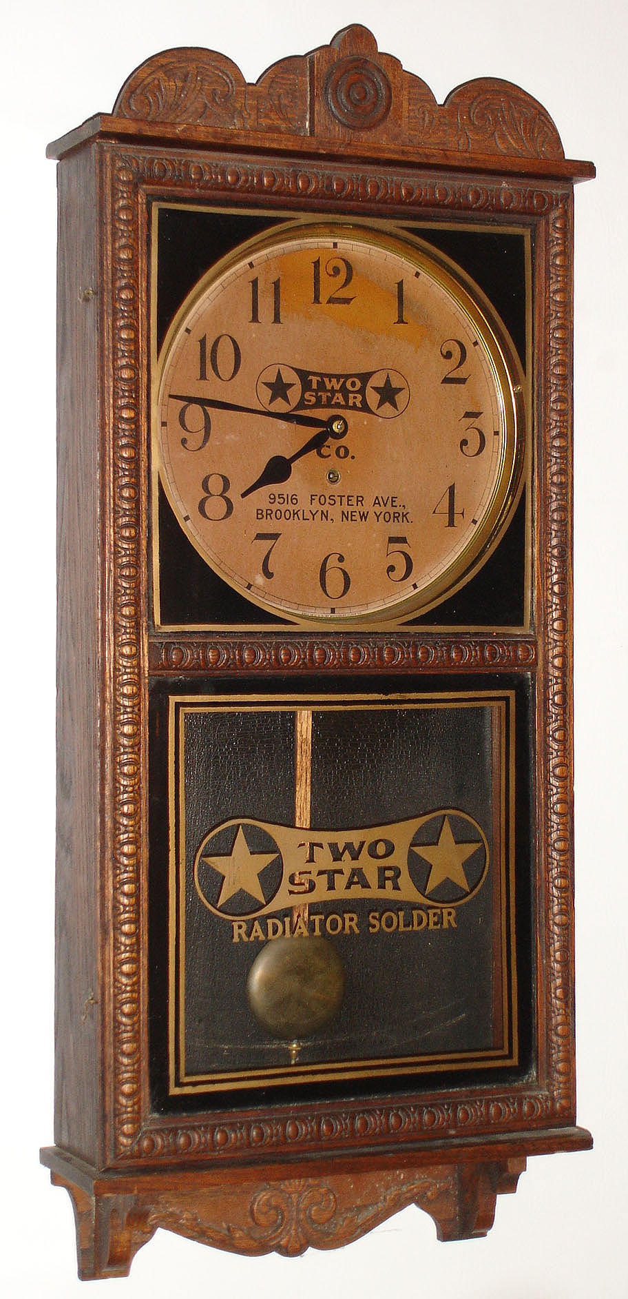 Waterbury Clock Co, Waterbury, Conn., "Crane" oak time only advertising wall clock, c1906 — Antique Clocks Price Guide