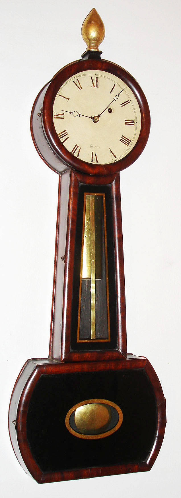 John Sawin, Boston, Mass., banjo wall clock, 8 day, time only, weight driven movement in a mahogany veneer case with reverse painted throat and lower tablet, hinged throat door, brass pendulum rod, and painted metal dial, c1835 — Antique Clocks Price Guide