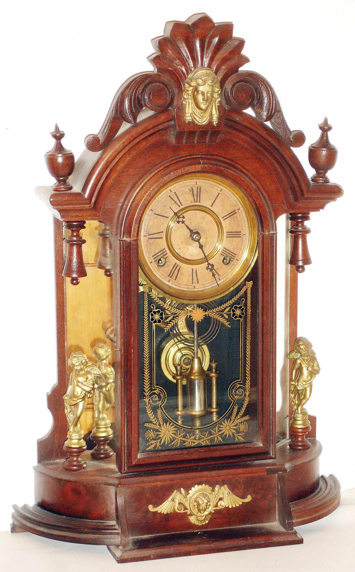 New Haven Clock Co., New Haven, Conn., "Occidental" walnut, 8 day, time and strike, mirror side mantel clock, c1895 — Antique Clocks Price Guide