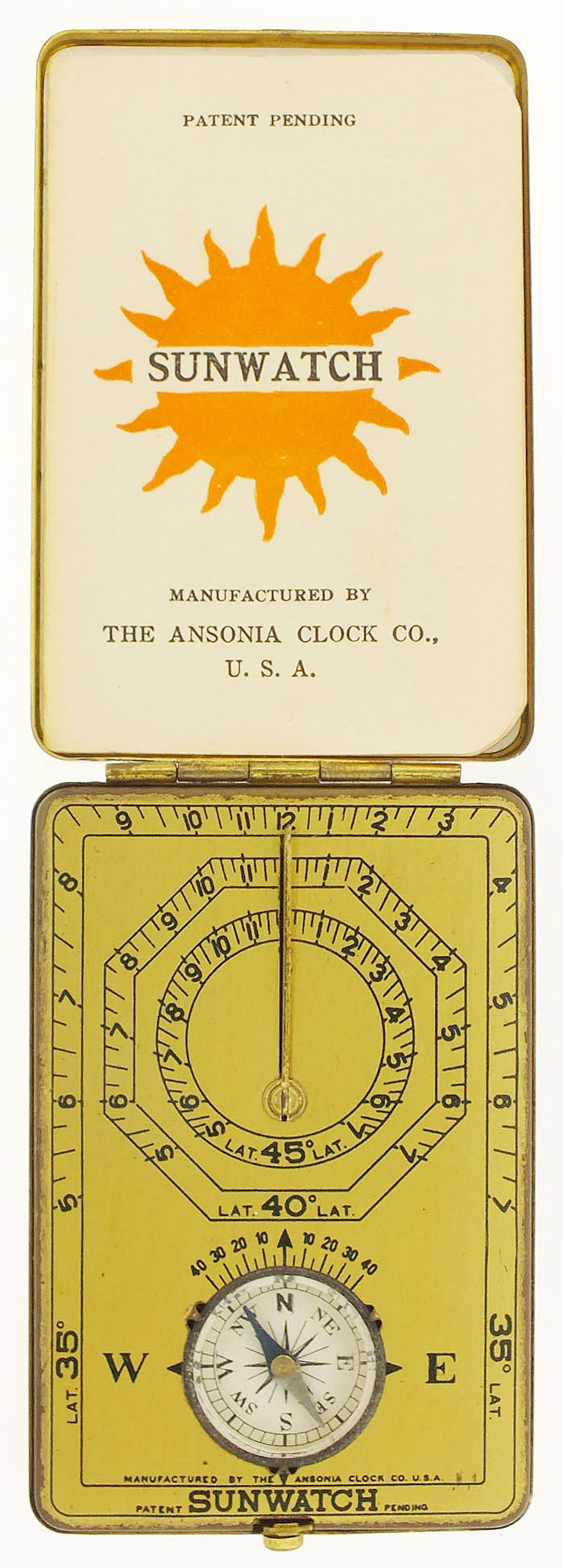 Ansonia Clock Co., New York, NY, "Sunwatch", pocket sundial with compass, in folding tin case with instruction booklet, and latitude tables printed inside the lid, c1925 — Antique Clocks Price Guide
