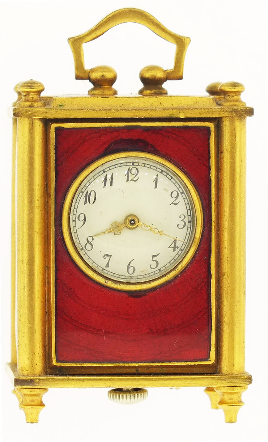 Switzerland, Lauret Watch Co. Inc, small travel clock with outer case, 7 jewels, stem wind and set nickel plate movement, with lever escapement in a gilt brass, red guilloche enamel case, and Arabic numeral, white painted metal dial in a green cloth covered travel case with brass catch, c1940 — Antique Clocks Price Guide