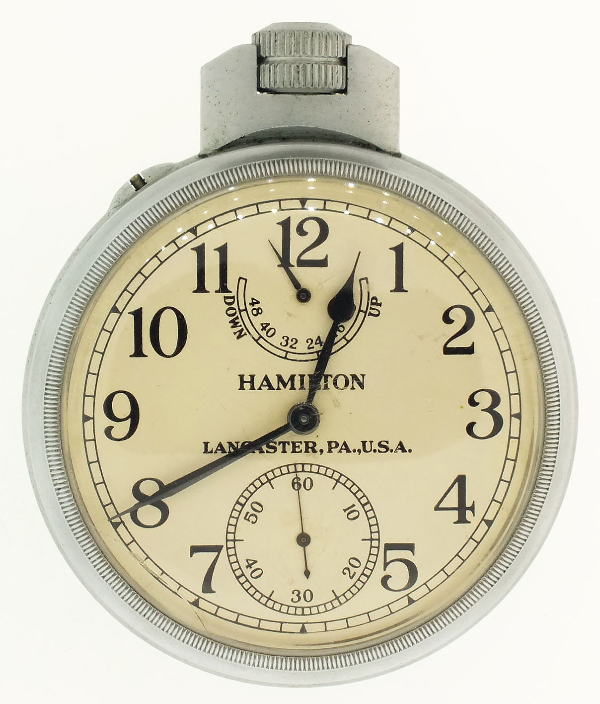 Hamilton Watch Co., Lancaster, Penn., "Model 22" chronometer, wind indicator, 35 size, 21 jewels, stem wind, pendant set, adjusted to 6 positions and temperature, straight line damascened nickel plate movement, lever escapement, monometallic balance, micrometric regulator in a base metal, screw back and bezel, open face case, with Arabic numeral metal dial, black steel hands, serial #2F23937, c1942, together with its inner and outer mahogany boxes with padded interiors, front of the outer box with Hamilton Watch Co. nameplate — Antique Clocks Price Guide