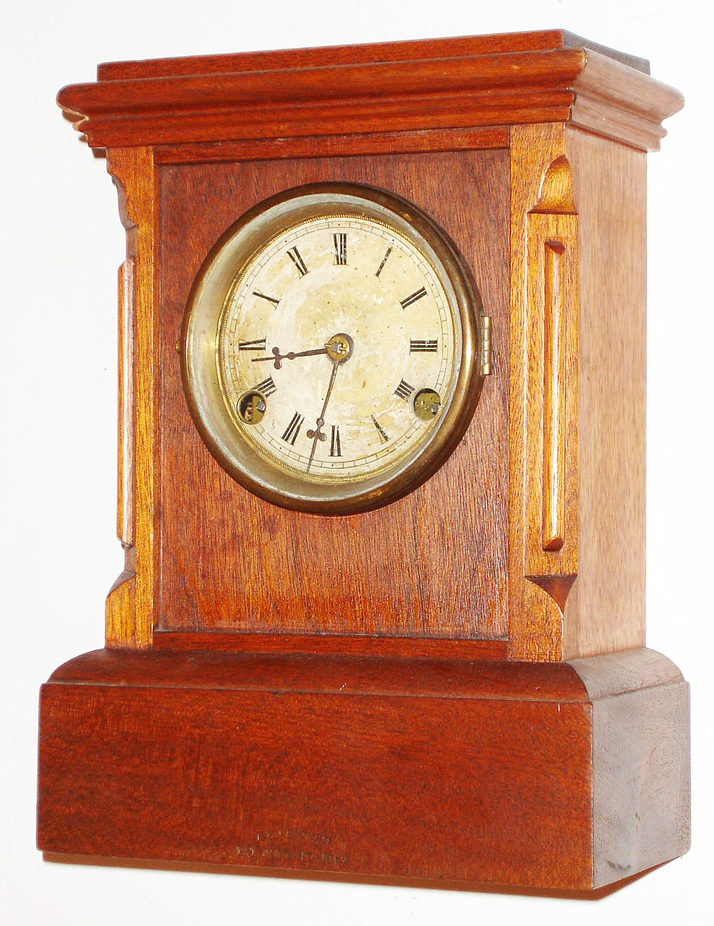 George B. Owen, 30 hour, time and strike, small walnut mantel clock. Stamped on the front of the base": "Geo. B. Owen, Pat. June 17, 1862".   c1862 — Antique Clocks Price Guide