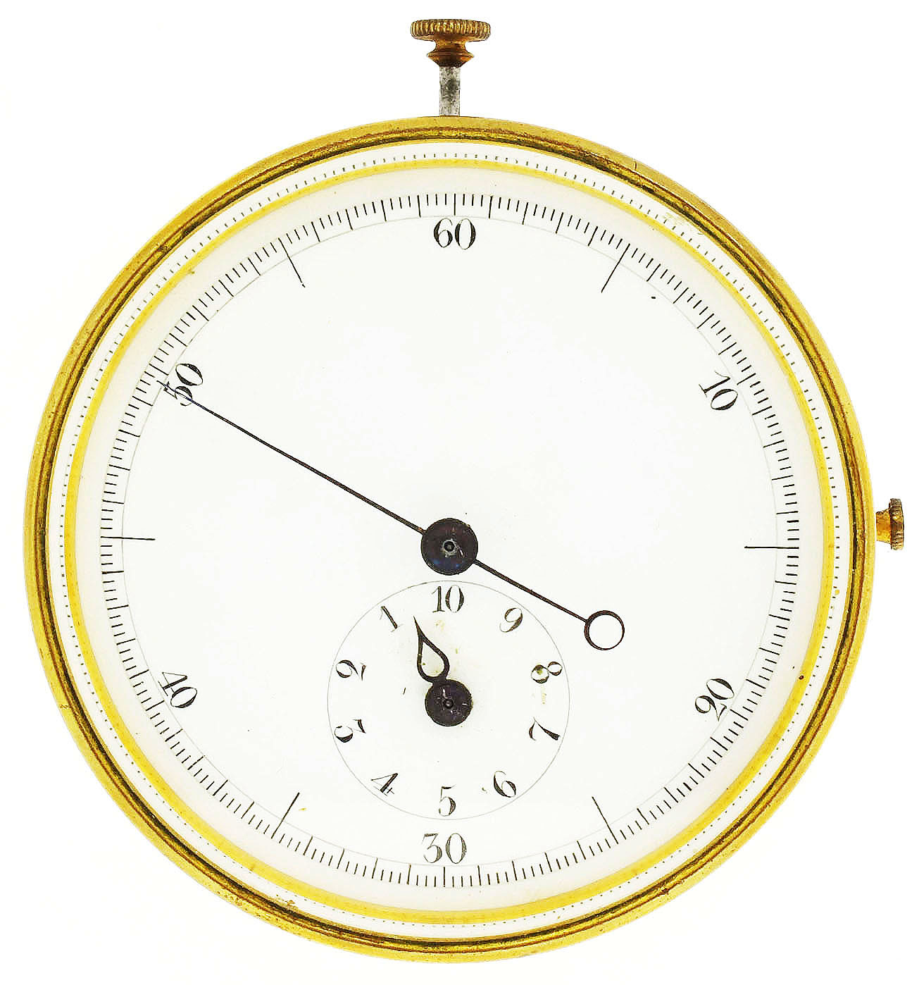 France, Timer, possibly for laboratory use, cylinder escapement movement with stop/ start lever, and pusher for returning to zero, white enamel dial with sweep seconds and 10 minute accumulator, movement marked "Brevet P. F. S.G.D.G." and the number 3514 in a brass drum style case, 62mm — Antique Clocks Price Guide