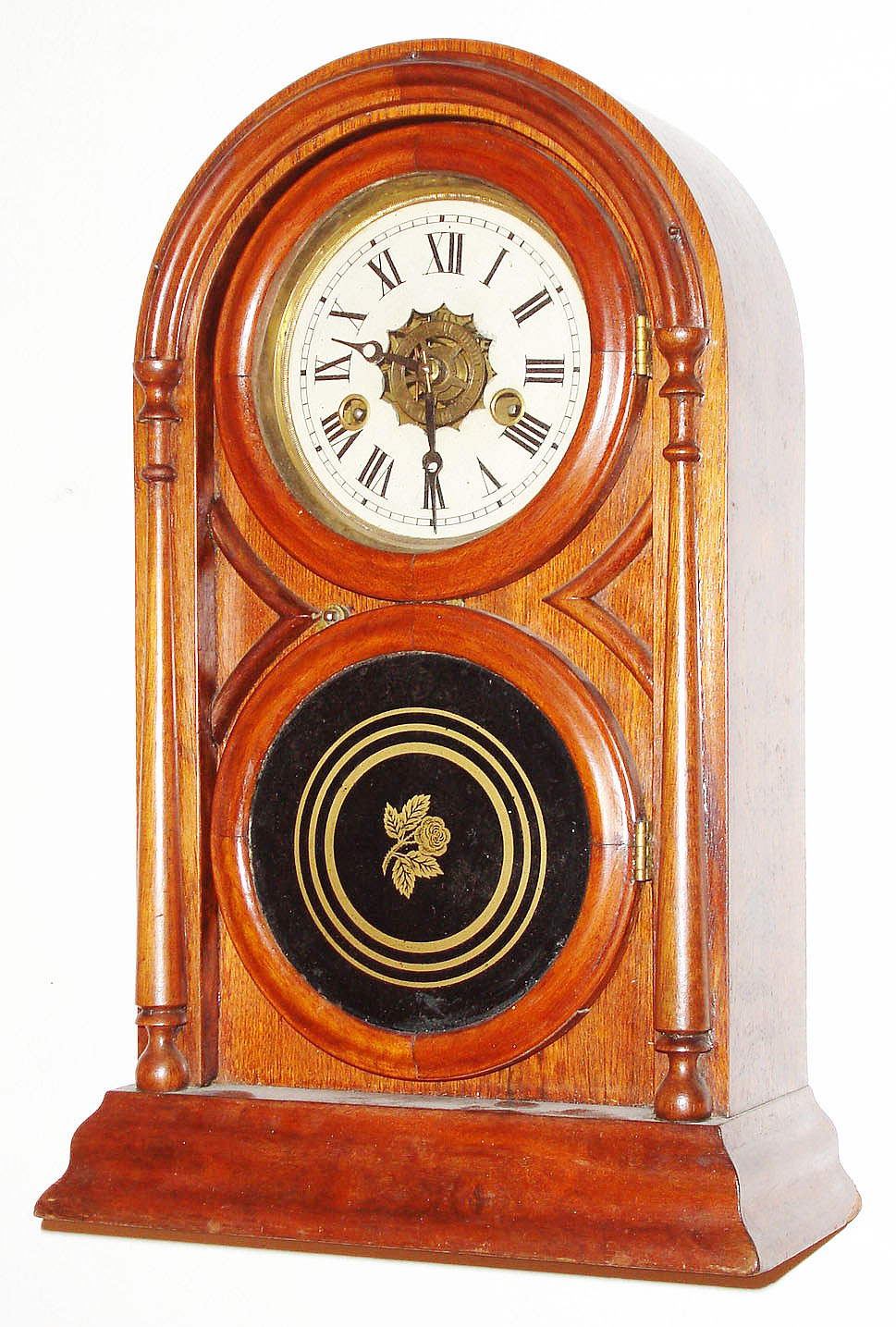 Atkins Clock Co., "Round Top No. 2", 30 hour, time and strike, /alarm mantel clock, c1873. — Antique Clocks Price Guide