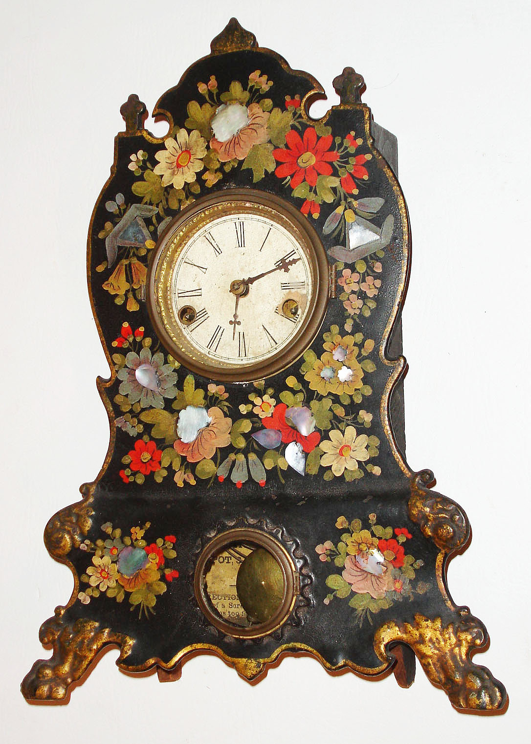 American Clock Co., New York, 30 hour, time and strike, iron front with MOP shelf clock, c1855. — Antique Clocks Price Guide