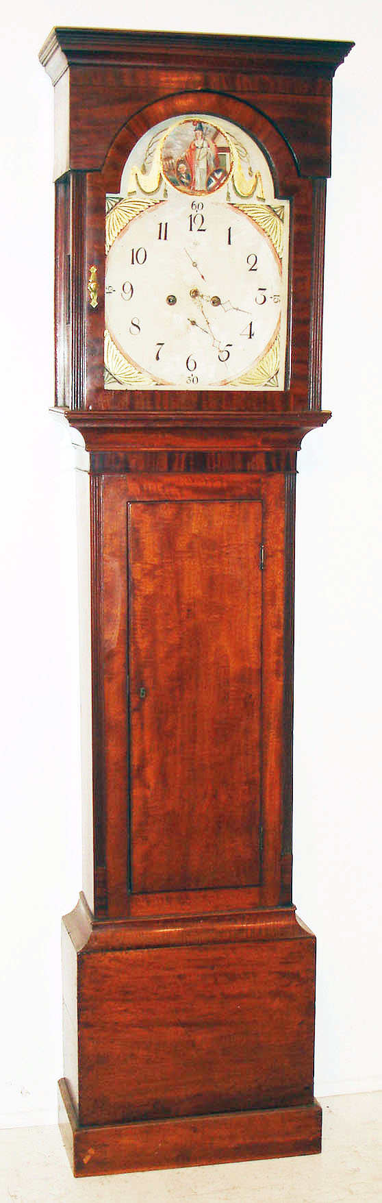 Scottish tall clock, 8 day, time and bell strike, weight driven movement in a mahogany and mahogany veneer case with flat top hood, reeded columns on trunk and hood and painted metal dial, c1820 — Antique Clocks Price Guide