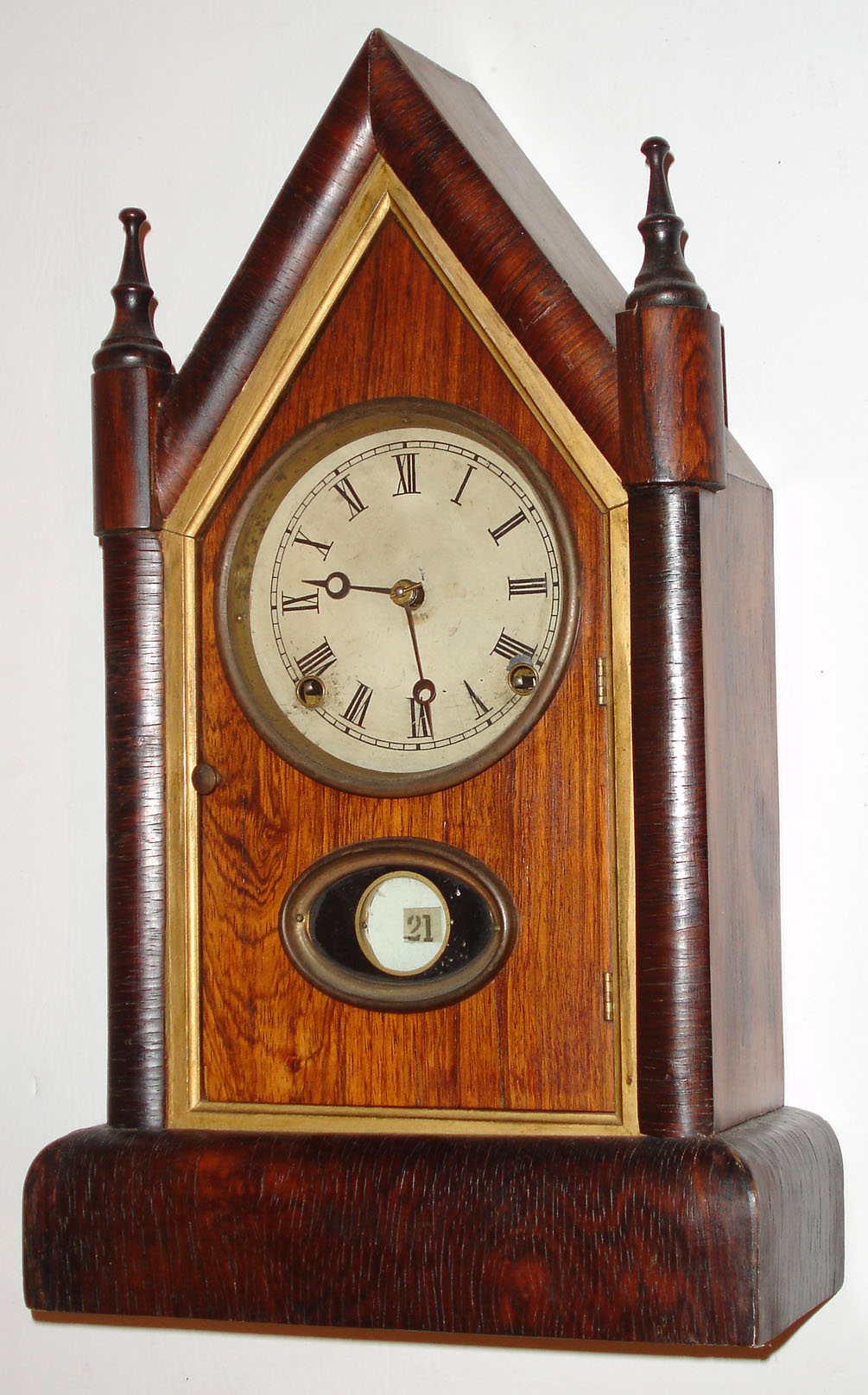 Wm. L. Gilbert Clock Co., "Owen Patent", 8 day, time and strike steeple clock with a calendar mechanism invented by George B. Owen in 1866. — Antique Clocks Price Guide