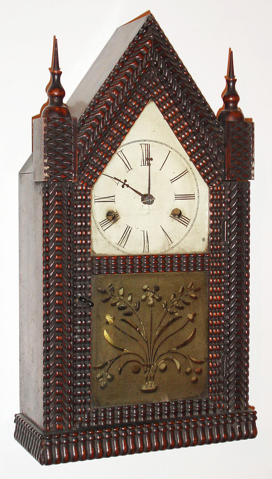 Forestville Manufacturing Co., J.C. Brown, 30 hour, time and strike, ripple molding miniature steeple or sharp gothic shelf clock, c1850 — Antique Clocks Price Guide