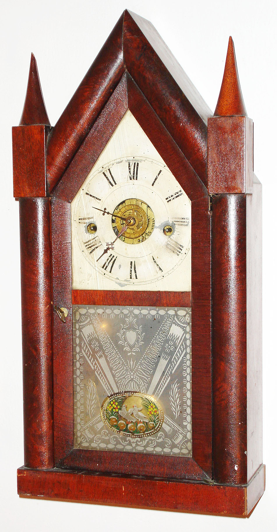 Terry and Andrews, 30 hour, time and strike, /alarm steeple or sharp gothic mantel clock, c1850 — Antique Clocks Price Guide