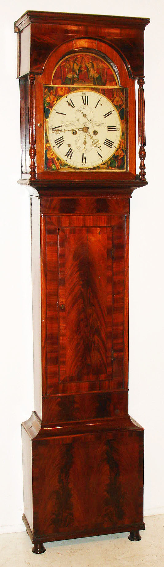 McLachlan, Glasgow, Scotland, tall clock, 8 day, time and bell strike, weight driven movement in a mahogany case with flat top hood and painted iron dial with portraits of women from the different domains of Great Britain surmounted by Queen Victoria in the arch, c1850 — Antique Clocks Price Guide