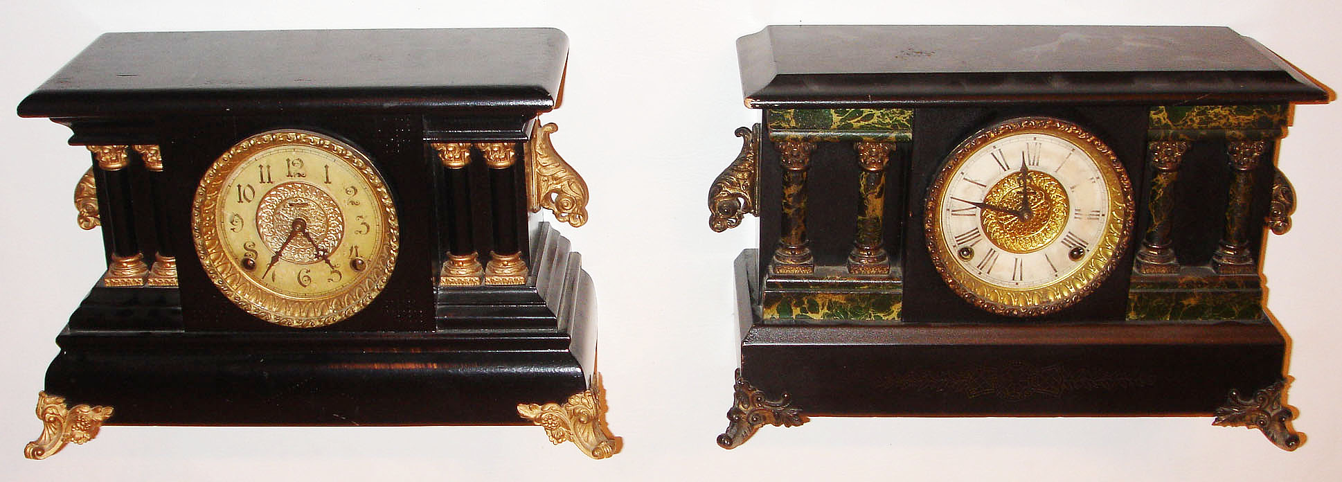 Clocks- 2 (Two) E. Ingraham and Co, black mantel clocks- "Cymbal", 8 day, time and strike black mantel clock c1915 and another similar 8 day, time and strike — Antique Clocks Price Guide