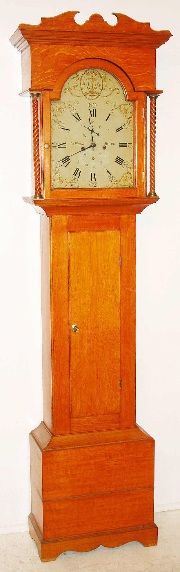 James Wilson, Hawick, Scotland, tall clock, 8 day, time and bell strike, weight driven movement in an oak case with rope turned columns and applied bracket base and painted iron dial, c1800 movement and dial — Antique Clocks Price Guide