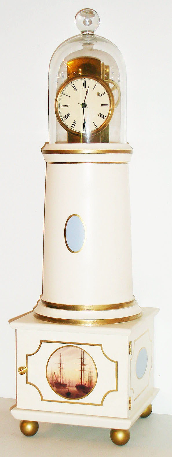 Simon Willard lighthouse bridal clock reproduction by Jeff Petrick of Prior Lake, Minnesota, 8 day, time only, weight driven movement in a painted wood case with glass dome and painted metal dial, circa 21st century — Antique Clocks Price Guide