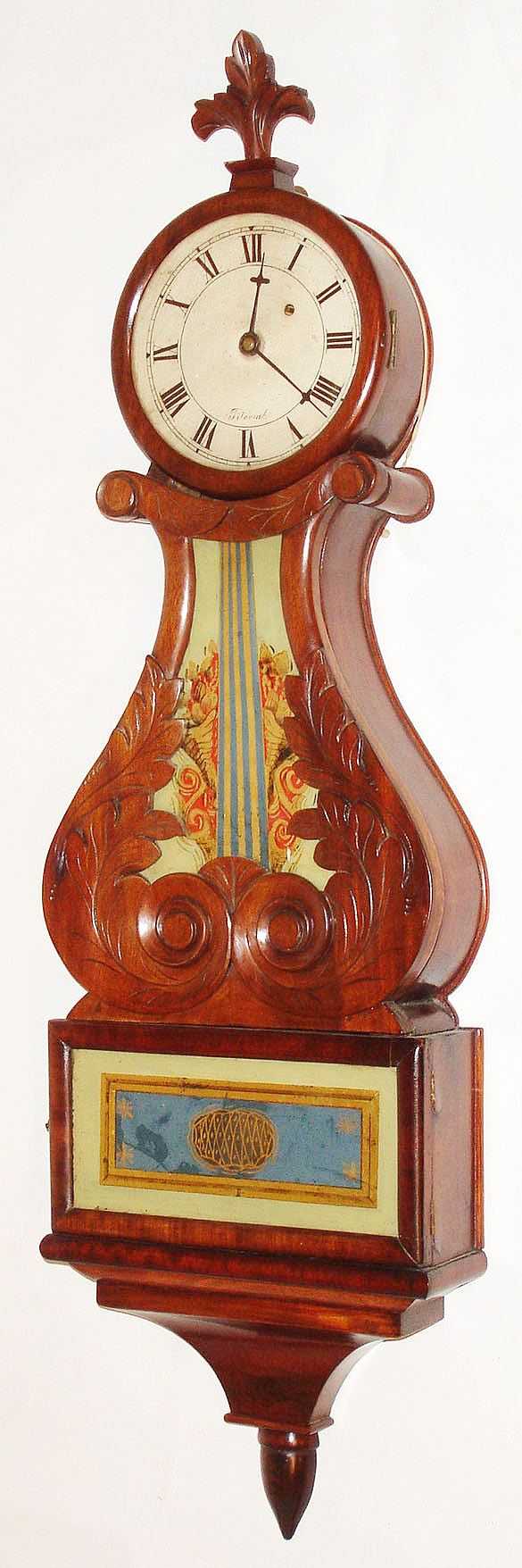 Enoch Titcomb, Boston, Mass., "Lyre Banjo" wall clock, 8 day, time only, weight driven movement in a mahogany case with reverse painted throat and lower tablets and painted metal dial, c1830 — Antique Clocks Price Guide