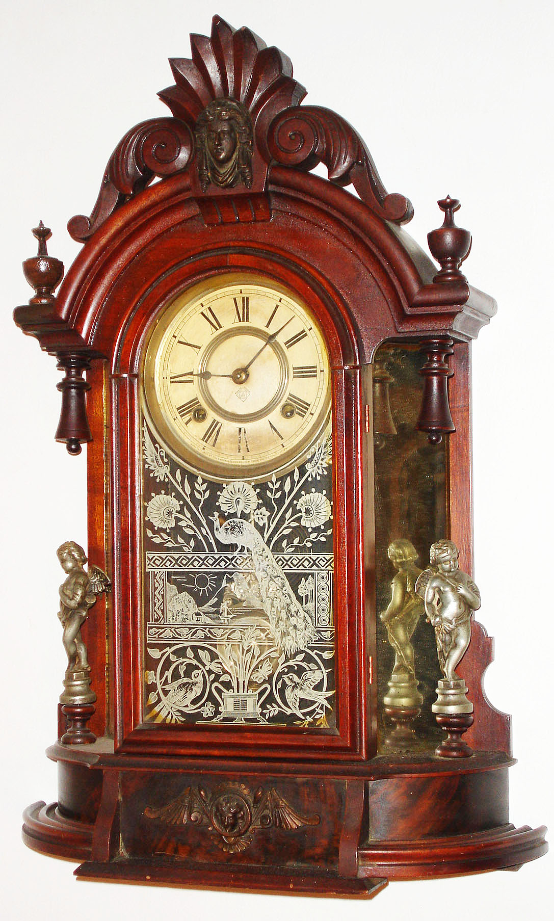 Ansonia Clock Co., New York, NY, "Triumph" or Mirror Side, 8 day, time and strike walnut mantel clock, c1900 — Antique Clocks Price Guide
