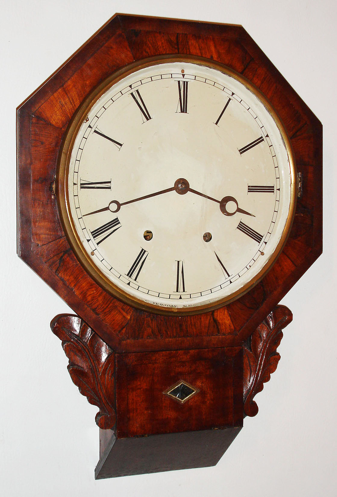 Chauncey Jerome, New Haven, Conn., 8 day, time and strike fusee short drop octagon wall clock, c1845 — Antique Clocks Price Guide